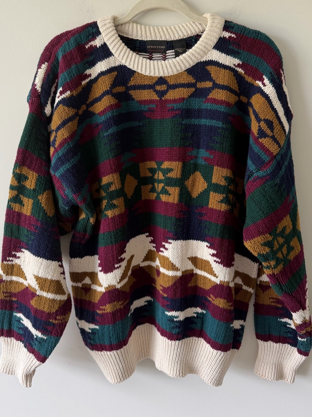 Vintage Structure Multicolor Geometric Crewneck Sweater - Cream Trim 100% Cotton